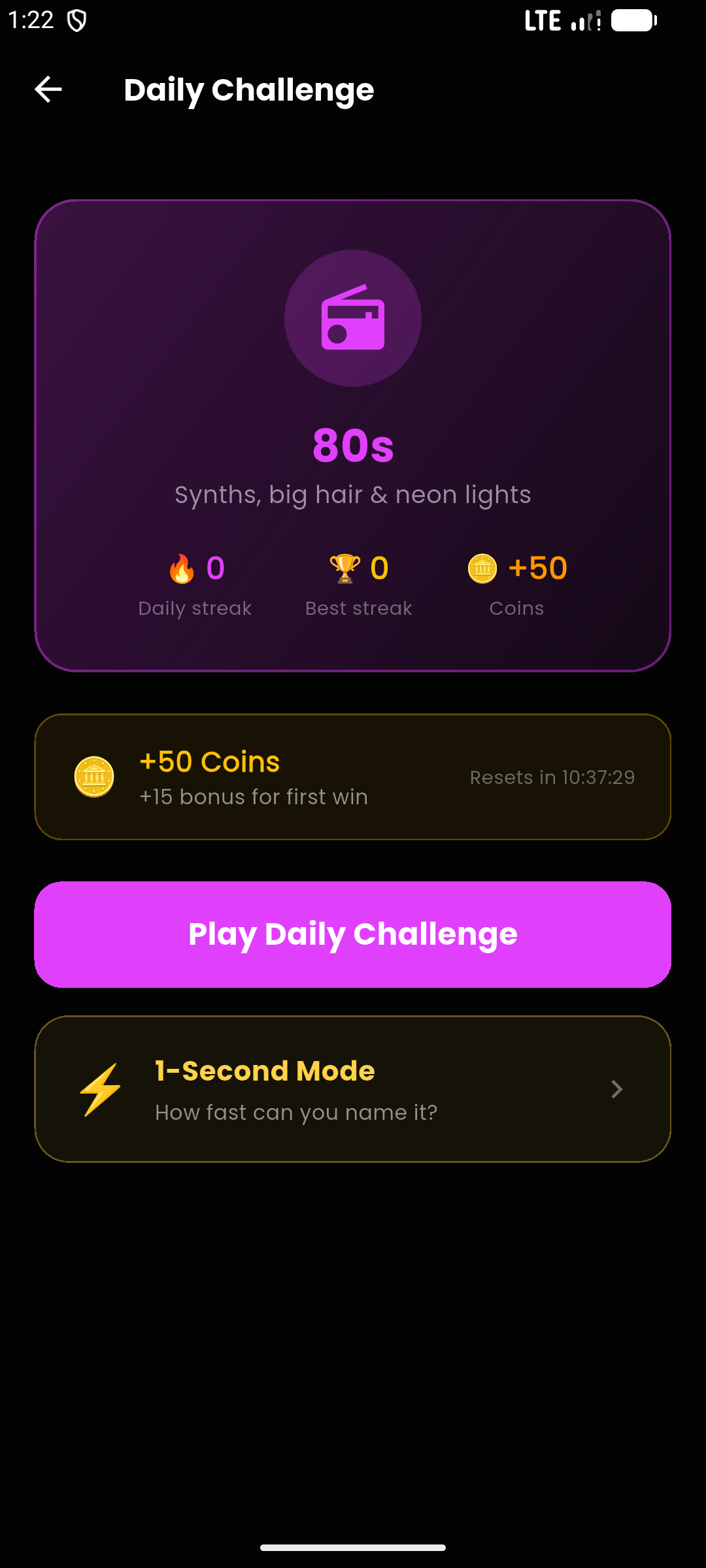 Daily challenge screen with streaks and the 1-second mode