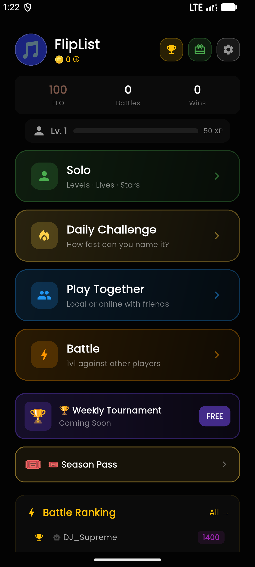 FlipList home screen with Solo, Daily Challenge and Battle modes